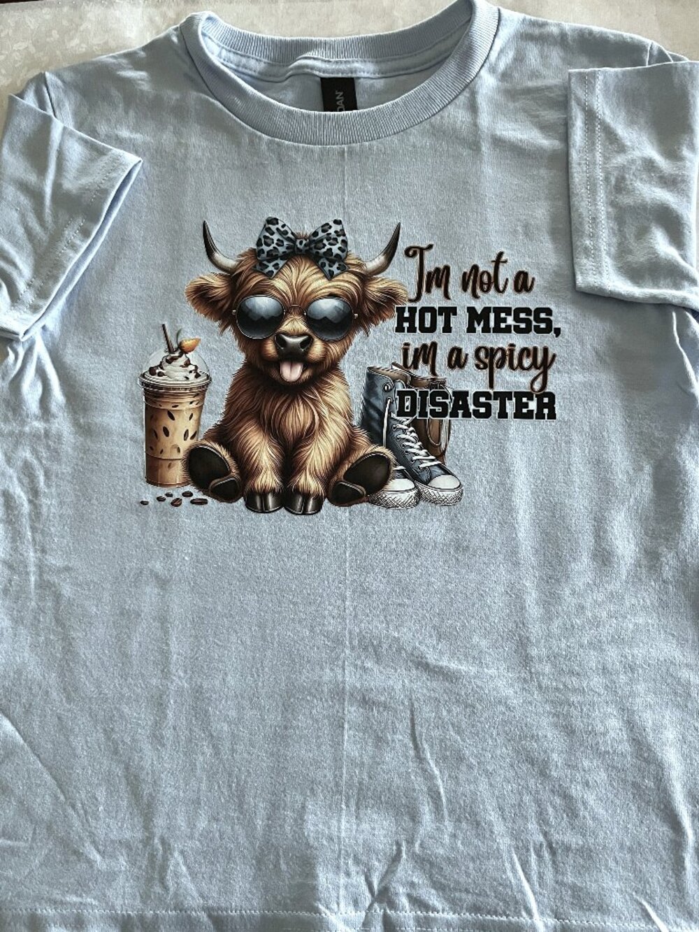 Highland Cow Lt. Blue HTV vinyl on front Size: XS Women.